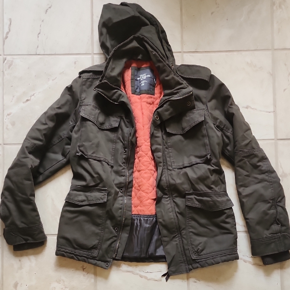 Men's Olive Green Hooded Jacket with Orange Lining